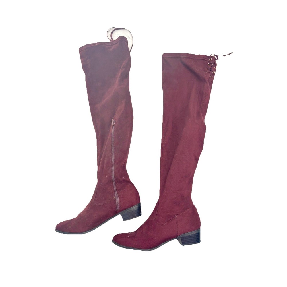 Just Fab Abbie Burgundy Faux Suede Knee High Boots Lace up  Zip Whimsigoth‎ Sz 8